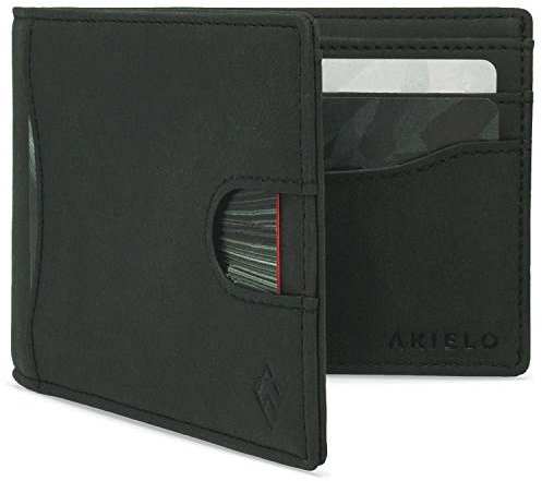 AKIELO Portefeuille RFID Blocage à Rabat avec Coffret Cadeau – Porte Cartes Élégant avec Languette – Porte Cartes Homme (Delta - Édition Noir)