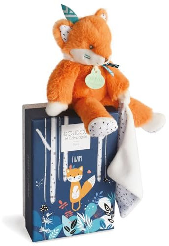 DOUDOU ET COMPAGNIE - Peluche Renard avec Doudou Mouchoir - 21 cm - Orange - Renard TIWIPI- Tout Doux pour les Câlins - Idée Cadeau De Naissance - avec Boite Cadeau - Garantie Doudou Perdu- DC3633