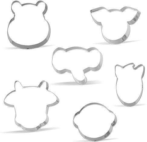 Jungle Animal Face Cookie Cutter Set - 6 Piece - Cow, Horse, Pig, Elephant, Monkey, Hippo - Stainless Steel