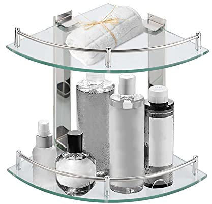 Holdfiturn Bathroom Corner Shelves 2-Tier Glass Bathroom Corner Shelf 2 x 235mm (9.2 Approx) Glass Shelf Tempered Shower Caddy Storage Organiser Bathroom Shelf Wall Mounted