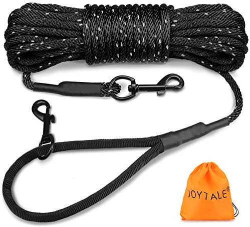 Joytale Long Training Lead for Dogs, 15/10/5M Strong Reflective Dog Training Leads with Soft Handle, Nylon Rope Long Line Dog Leads for Small and Puppy Dogs with 2 Hook Tie out, 10M, Black