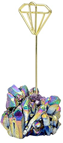 KYEYGWO Kristall Fotohalter Stein Tischkartenhalter, Hochzeit Kartenhalter Edelstein Platzkartenhalter Deko Tischnummernhalter Titanbeschichteter Bergkristall Memohalter für Büro Haus, Diamant Form