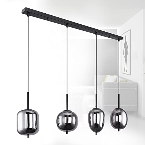 bmf-versand Hängelampe aus Metall Schwarz mit rauchfarbenem Glas inkl Pflegetuch - Pendelleuchte 4-flammig für Wohnbereich und Essbereich – 4x E14 Fassung 40 Watt