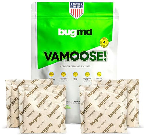 BugMD Vamoose Rodent Repellent Pouches (1 Pack, 4 Pouches) Plant-Powered Rat Repellent, Mouse Deterrent, Indoor & Outdoor Mice Repellent, Best Mouse Repellent, Natural Rat & Mouse Repellent