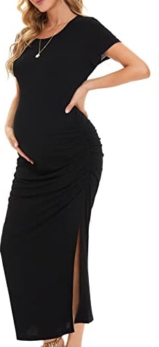 Smallshow Women's Split Long Maternity Dress Ruched Short Sleeve Maternity Clothes Black M