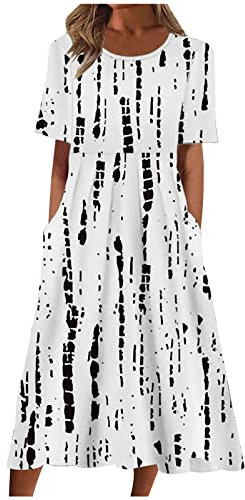 AMhomely Summer Dresses Women UK Clearance Elegant Casual Sexy Round Neck Printing Short Sleeve Pockets Dress Special Occasions Ladies Maxi Dresses Plus Size Petite Sexy Dress UK Size, Black 1, 16
