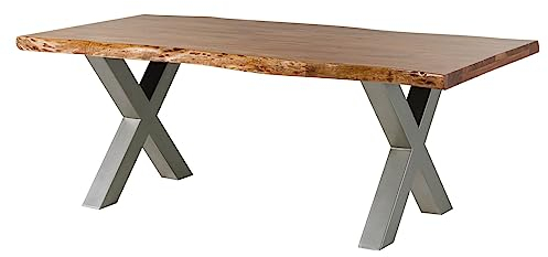MASSIVMOEBEL24.DE Baumtisch Akazie Freeform 5 - Verschiedene Größen, Gestelle und Farben, Farbe:Natur lackiert, Größe:220x100 cm, Gestell:X-Beine Silber matt
