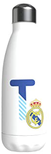Real Madrid CyP Brands Bouteille d'eau en acier inoxydable, fermeture hermétique, lettre T en bleu, 550 ml, Blanc
