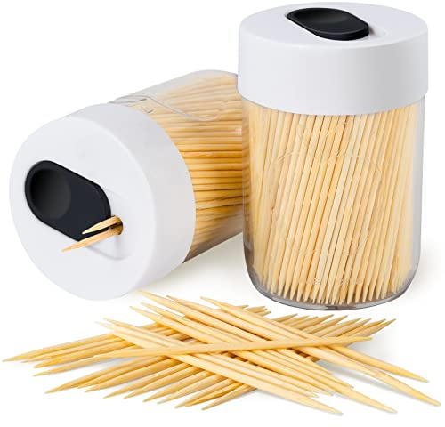 Urbanstrive Sturdy Safe Toothpick Holder with 800 Natural Wood Toothpicks for Teeth Cleaning, Unique Home Design Decoration, Unusual Gift, 2 Pack, White