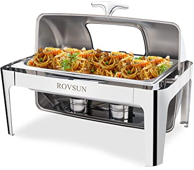 ROVSUN Roll Top Chafing Dish Buffet Set,9 Quart Rectangular Stainless Steel Chafer for Catering,Buffet Servers and Warmers Set with Glass Window for Wedding, Parties, Banquet, Events, Full Size