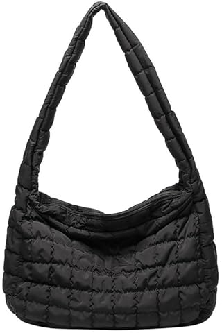 Große Puffer-Tragetasche, gesteppte Daunentaschen für Damen, weiche Tragetasche, Puffertasche, Gitter-Crossbody für Herbst und Winter, Schwarz, Large