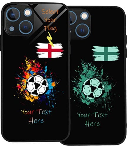 Personalised Case for iPhone 13 Mini, Slim Anti Scratch Glass panel with shockproof TPU Rims | Glow in the Dark Case | Custom Phone Case-Football-1