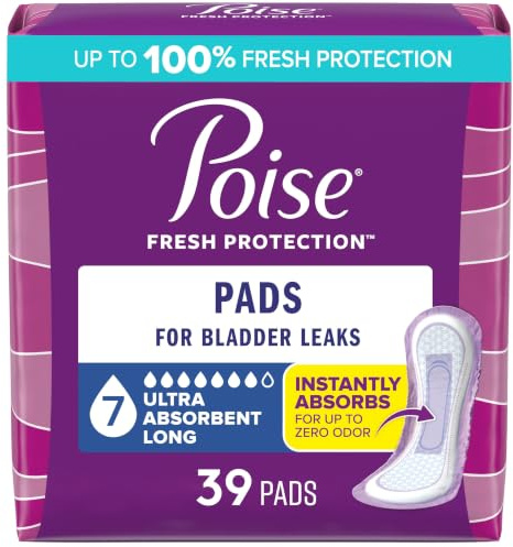 Poise Incontinence & Postpartum Pads for Bladder Leaks, 7 Drop Ultra Absorbency, Long Length, 39 Count, Packaging May Vary