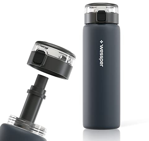 Wessper Wasserfilter Trinkflasche 680 ml, Glas Flasche mit filter - Grau