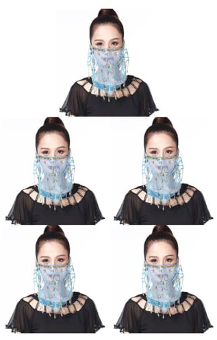 vreplrse Damen Pailletten Gesichtsschleier Bauchtanz Gesichtsbedeckung Schal Performance Zubehör Schöne 5 Farben Netzschleier Gesichtsverzierung, Blauer See