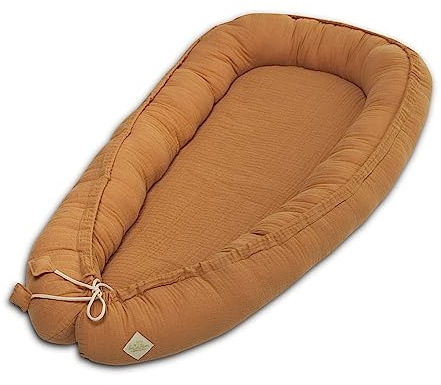 Fun with Mum Multifunktionale Babynestchen Antiallergisch Silikonfüllung Kuschelnest Babynest Kokon für Babys und Säuglinge Nestchen Reisebett 90x55 cm 100% Baumwolle - Carmel