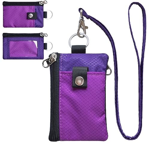 CHENSPRX Minimalist RFID Blocking Small Wallet with ID Window,WaterResistant Zip Id Case Wallet with Lanyard Keychain for Cards,Cash,Travel,Women,Men, Violet+purple, Minimalist