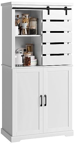 BOTLOG Tall Kitchen Pantry, Large Wood Storage Cabinet with Sliding Barn Door and Adjustable Shelves, Tall Freestanding Cupboard for Dining Room, Living Room, Laundry, White