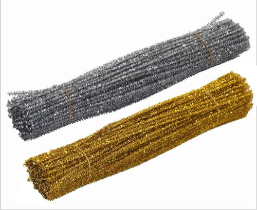 CHUYIX200 Stück Pfeifenreiniger Glitzer Chenilledraht Flauschig Biegeplüsch Basteldraht Metall-Linie Biegeplüsch für Party Geschenkverpackung Weihnachtsbaumschmuck KinderhandwerkGold+Silber