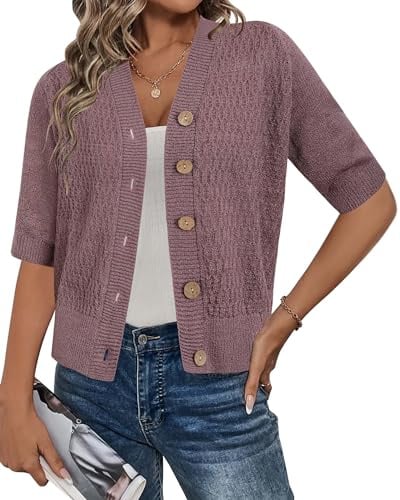 Arach&Cloz Strickjacken für Damen Sommer Kurz Cardigan V-Ausschnitt Knopfleiste Open Front Sweater Top