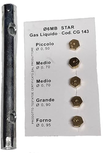 Juego de 5 boquillas universales de 6 MB GLP para bomboneras, cocinas de gas + llave de tubo de 6 x 7, tamaños diferentes, pequeño 0,50-2 x mediano 0,70 - grande 0,90 - horno 0,95