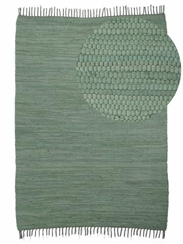 carpetfine Flickenteppich Kelim Chindi Uni Grün 140x200 cm, handgewebt | Fleckerlteppich aus Baumwolle für Wohnzimmermit Fransen