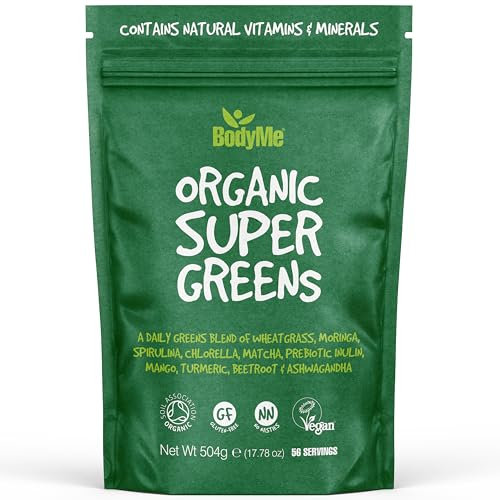 BodyMe Organic Vegan Greens Powder - Vegan Superfood Blend of Wheatgrass, Moringa, Spirulina, Ashwaganda and Other Organic Ingredients - Quick & Easy Nutrients, 504g