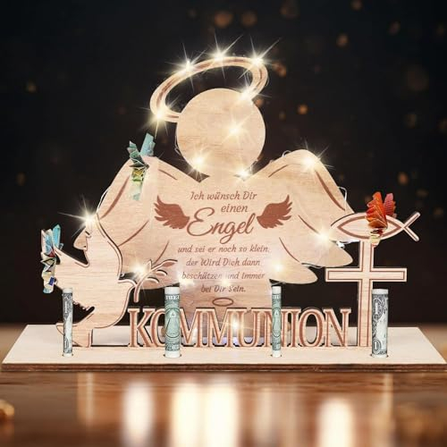 Kommunion Geschenke für Mädchen Junge, Holz Konfirmation Geschenk Kommunion Mädchen Junge mit Weiß LED Lichterkette, Geldgeschenke Kommunion Konfirmation Taufgeschenke für Mädchen Kommunionsgeschenke