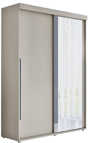 Meble Slupia Kleiderschrank Schiebetüren Slim 1-180 x 202 x 46 cm - Schrank Schlafzimmer, Vorraum, Garderobe - Tür mit einem Spiegel, Kleiderstange - Holzwerkstoff, Silberner Griff, Kaschmir