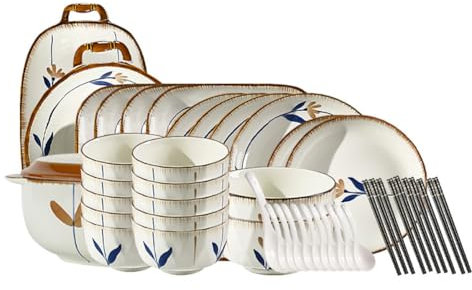 TT-YEC Juego De Vajilla Redonda De 55 Piezas, Juego De Vajilla De Cerámica, Juego De Vajilla Con Estampado Marrón Y Azul, Microondas De Cocina Y Lavavajillas Seguro,C