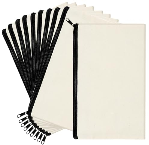 10 Stück DIY Blanko Stoffbeutel, Stoffbeutel zum Bemalen, Mäppchen zum Bemalen Segeltuch Kosmetiktasche mit Reißverschluss, Makeup Tasche Klein, Schulmäppchen für Arbeit Schule Reisen, 21 x 14 cm