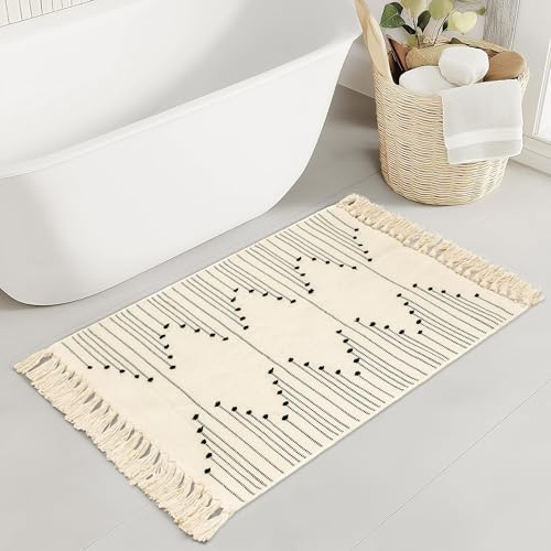 Tritard Boho-Badezimmerteppich, waschbar, gewebte Baumwolle, Überwurf-Teppich mit Quaste, kleiner Azteken-Küchenbereich, Bauernhaus, Eingangsbereich, Bad, Fußmatte, für Schlafzimmer, Tür, Wäsche,