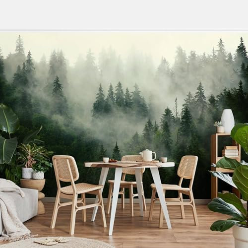 Bilderwelten Fototapete Wald 290 x 432 cm Waldtapete Tannenwald im Nebel Natur Vliestapete Tapete XXL Wanddeko Ideen