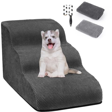 FuzzFables Hundetreppe 3-Stufen, Haustiertreppe für Kleine Haustiere zu Hochbeeten, 30D Schwamm Welpentreppe, Austauschbare rutschfeste Stoffabdeckung,Freundlich zu Kätzchen und Welpen 58x40x40 cm