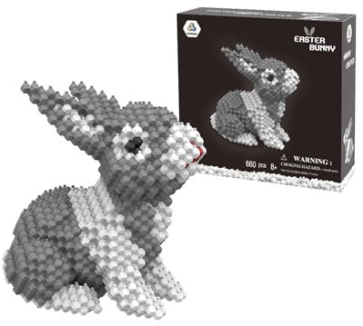 LONESTAR Spezial Klemmbausteine Großer Hase 3D 660 Teile, Kadele Blocks Serie, Mikrobausteine DIY Set mit Sortierbox, stabile Bausteine aus ABS Kunststoff, kreative Osterdeko in Grau und Weiß