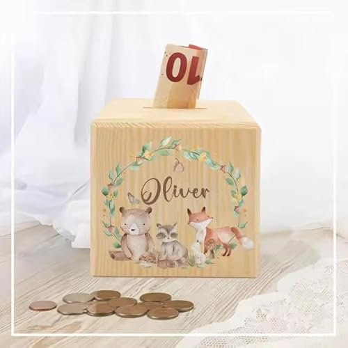 Générique Tirelire en Bois personnalisée avec prénom et Divers Animaux - Idée Cadeau Anniversaire, Noël, Pâques, Naissance, Fête - 10x10x10 cm - Moderne - Enfants - Unisex - Bz-07