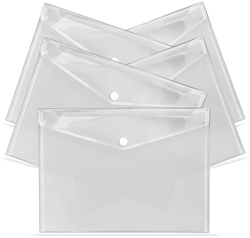 G4GADGET A4 Clear Plastic Wallets – Pack of 5, Popper Document Folders with Label Pocket & Snap Button – Multicolored Plastic Envelope for Home, Office, School & Travel