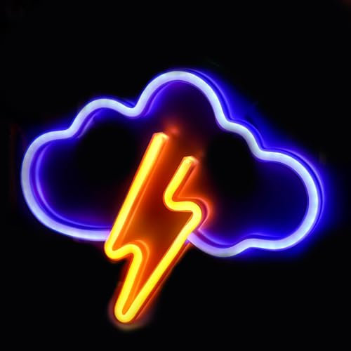SKIKHN LED Wolke Neon Schild, Blau Wolke und Gelb Blitz Neon Schild, Neon Sign, Neon Light, LED Sign, Blitz Neonlicht, Acryl Leuchtschild für Schlafzimmer Wand Bar Dekor (USB und Batteriebetrieben)