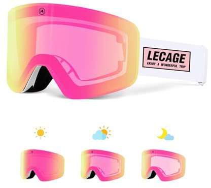 LECAGE Masque de Ski Photochromique, Lunettes de Ski Anti-Brouillard, Masque Ski UV400, Masques et Lunettes de Ski Homme Femme (Rose)