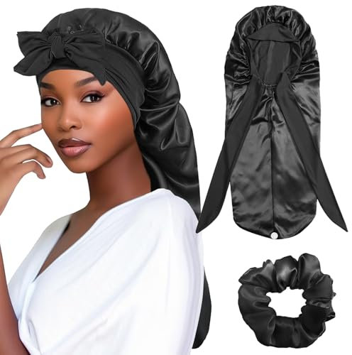 Gteyaeen Cuffia Lunga con Treccia di Raso per Donna, Berretto da Notte Raso Elastico con Nastro da Legare, Donna Cuffia con 1 Elastici per Protezione dei Capelli Ricci Lunghi (Nero)