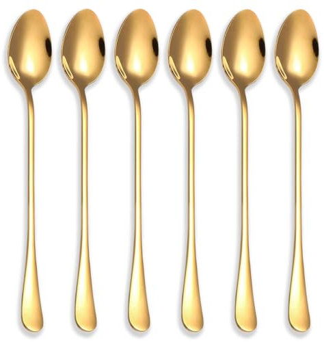6 Pcs Gold Iced Spoon, 19.5 cmStainless Steel Long Handle Mixing Spoon, Espresso Spoons, Latte Spoons,Long Handle Teaspoons, for Coffee Tea Dessert Sundae