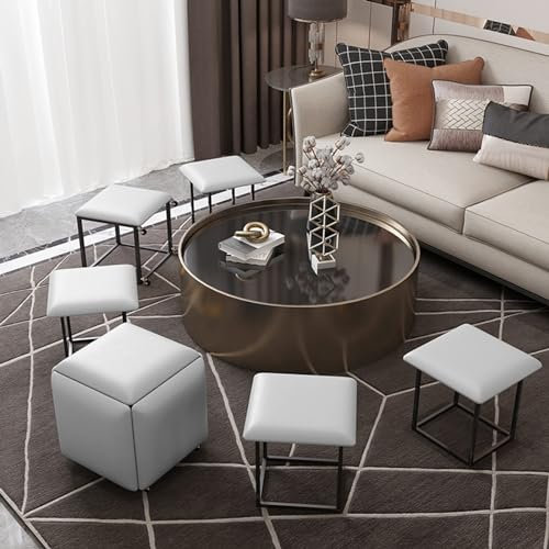 5-in-1 Stapelbarer Osmanischer Würfelstuhl, Stapelbare Hocker, Quadratische Osmanische Bank Aus Leder, Fußhocker Mit Rollen Für Schlafzimmer, Wohnzimmer, Esszimmer, 5er-set Ottomane(Color:Beige B)
