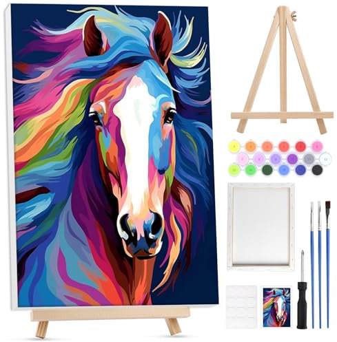 Lxmsja Cheval Peinture Numero Enfant Adulte avec Cadre, avec Chevalet en Bois, Peinture par Numero Adulte Animaux, Numéro d'art avec Pinceaux, Loisirs Créatifs Activité Manuelle Adultes, 20x30cm