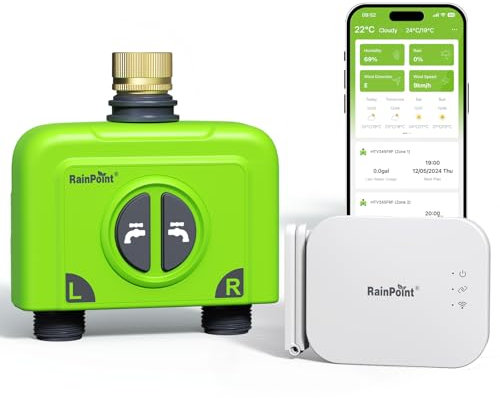RAINPOINT Programador Riego WiFi 2 Salidas con Puerta Enlace de Antena RF 150m Smart Temporizador RiegoWiFi para Jardín, Retraso Retraso por Lluvia/Riego Manual, Entrada de Latón, 2x6 Horarios