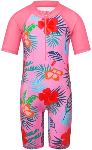 HUAANIUE Filles Maillot de Bain 1 Pièce 2-12 Ans, Anti-UV UPF 50+ Manches Courtes, Fermeture Éclair Frontale, Imprimés Colorés, Idéal pour Plage et Piscine (S406-Fleur Rose, 8-10 Ans)