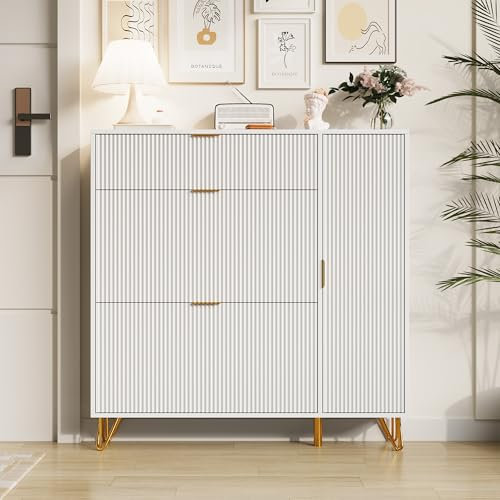 Schuhschrank mit 3 Klappen und 1 Türen, Weiß, 110 x 24 x 111,5 cm, Schuhkipper schmal, Schuhkommode, für Eingang, zeitgenössisch, hohe Kapazität, versteckt, Klappschubladen, Mehrere Ablageebenen