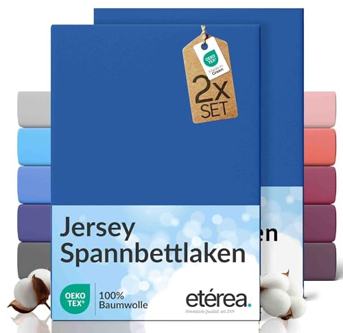 etérea Jersey 2er Set Spannbettlaken 90x200cm - 100x200cm Blau bis 25 cm Höhe - 100% Baumwolle Spannbetttuch Oekotex - Doppelpack Bettlaken 90x200 cm - 100x200 cm - Blue