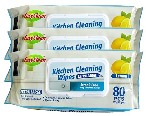 EasyClean Extra Large Kitchen Cleaning Wipes – 3 pack(240 counts), Lemon Scented, Anti-Bacterial, Streak-Free, Tough on Grease & Grime, Extra Strong & Quick Decontamination,Perfect for Daily Use