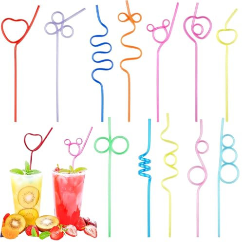 WUSJCOF Pajitas de Colores Reutilizables, 12 Piezas Pajitas Largas para Niños, Formas Curvadas Pajitas para Cócteles para Bebidas Heladas, Pajitas para Fiestas para Cumpleaños y Bodas