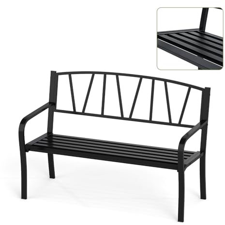 KOMFOTTEU 2 Sitzer Gartenbank, Parkbank mit Rückenlehne & Armlehnen, Sitzbank aus Metall bis 300 kg belastbar, Außenbank für Balkon Garten Terrasse, Schwarz (Modell 4, 128x60x86cm)